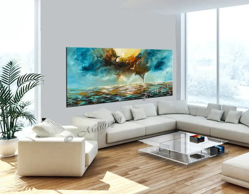 Modern Abstract Painting displayed in a modern living room with stylish furniture and bright natural light.