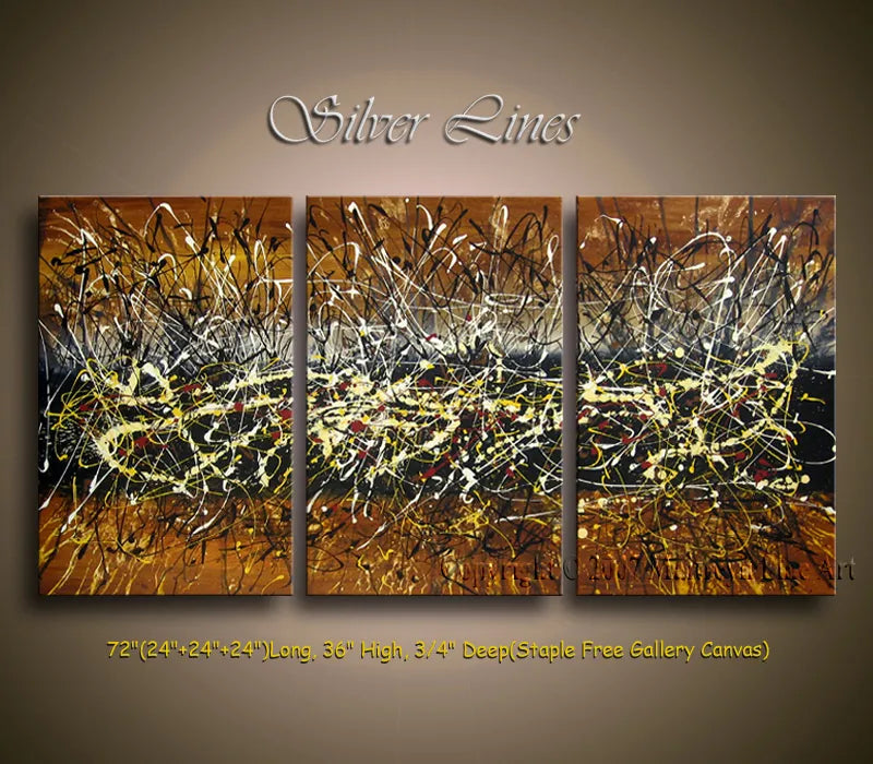 Jackson Pollock Style Abstract Wall Art - Large Painting on Canvas featuring Silver Lines artwork in triptych format.