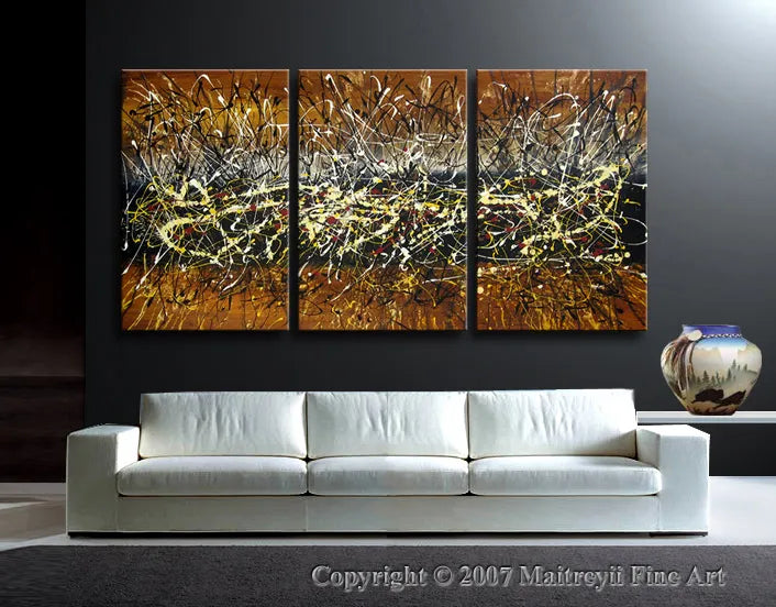 Jackson Pollock Style Abstract Wall Art – Large Painting on Canvas displayed above a white sofa.