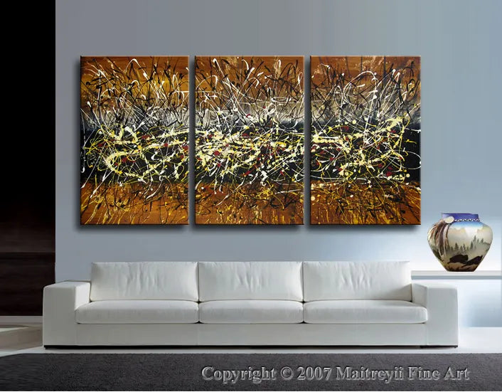 Jackson Pollock Style Abstract Wall Art – Large Painting on Canvas displayed above a modern white sofa.