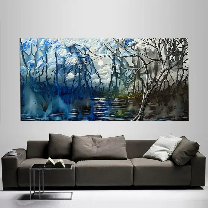 Abstract Landscape Painting displayed above a modern sofa, showcasing tranquil colors and a serene ambiance.