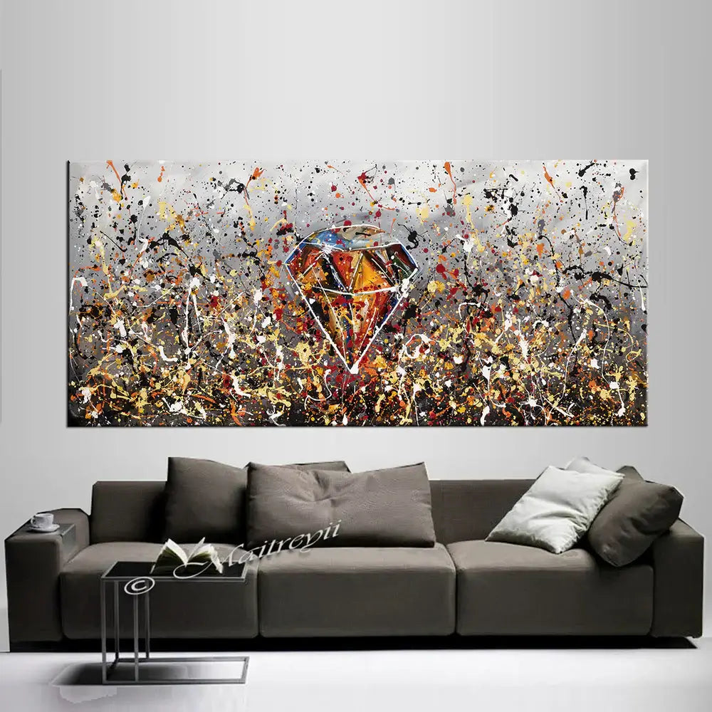Diamond painting Wall Art displayed in a modern living room above a stylish gray sofa.