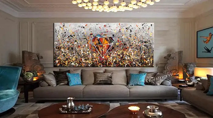 Diamond painting Wall Art in a modern living room featuring a colorful diamond design on sparkling canvas.