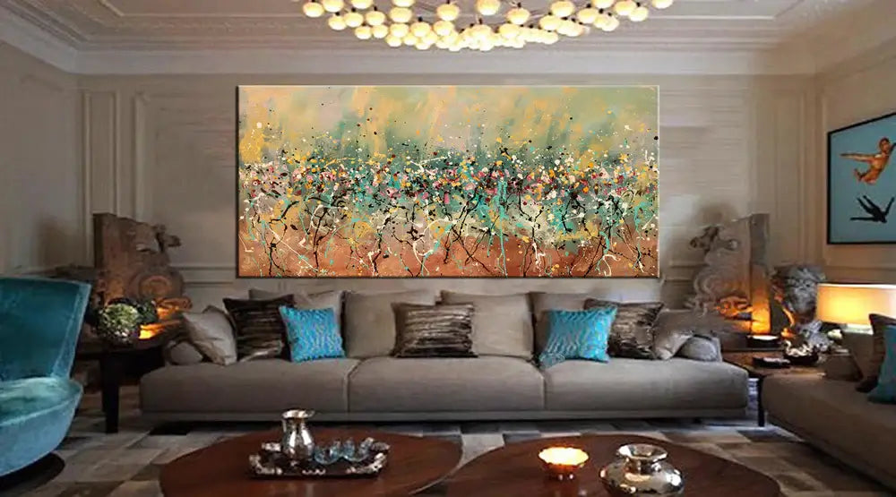 Action Painting | Abstract expressionist canvas with vibrant colors in modern living room setting.