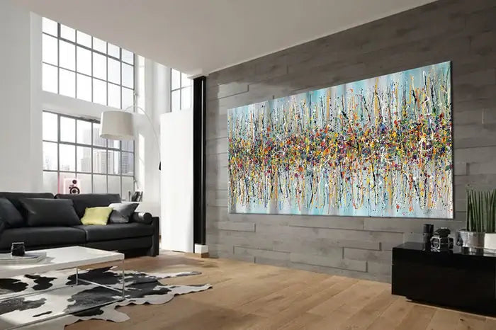 Jackson Pollock canvas art displayed in a modern living room, showcasing vibrant abstract painting Beauty of Bridge 14.