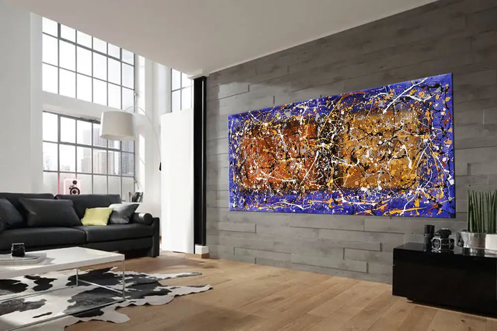Wall Art Jackson Pollock – Abstract drip painting displayed in a modern living room with large windows and stylish decor.