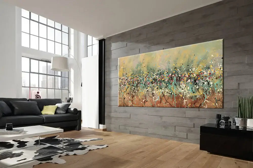 Action Painting | Abstract Expressionist Canvas displayed in modern living room with large windows and stylish decor.