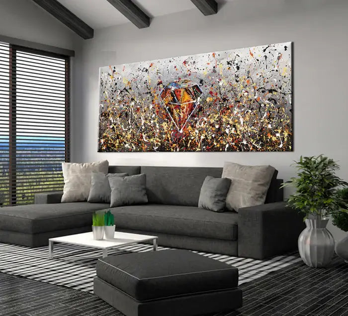 Diamond painting Wall Art displayed in a stylish living room, showcasing handmade sparkling canvas décor.