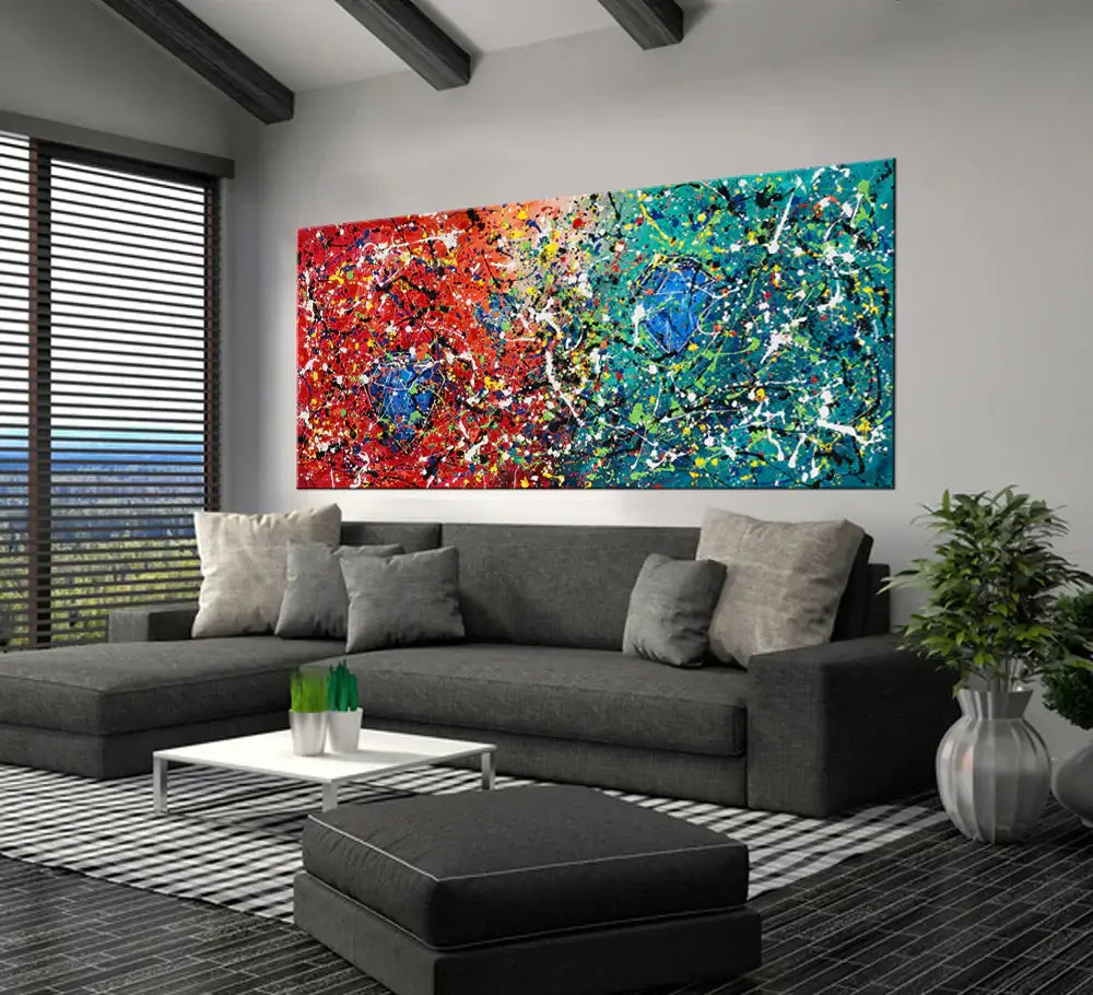 Gifts Diamond Painting displayed in a modern living room with gray sofa and vibrant artwork on the wall.