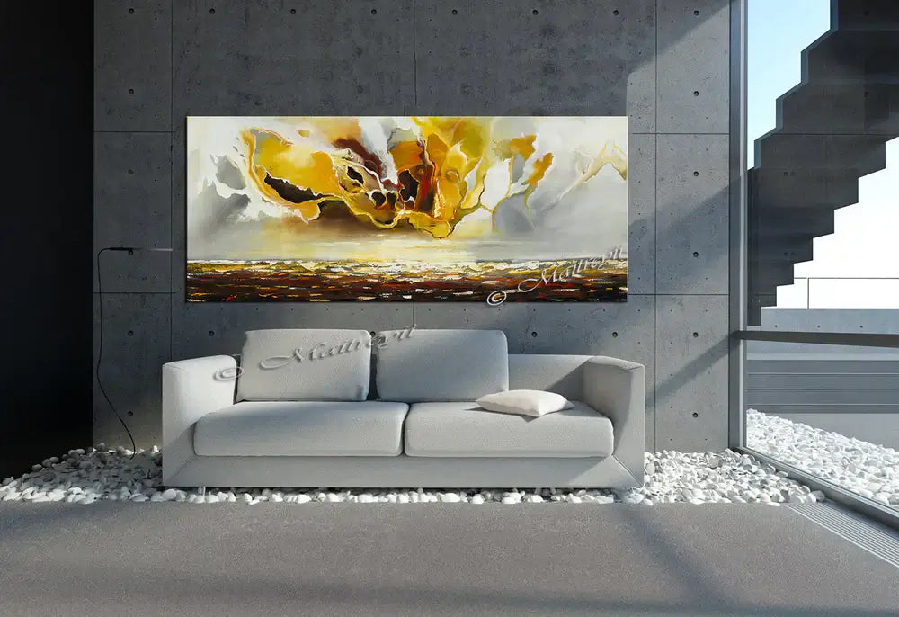Large Ocean Art Oil Painting on Canvas displayed above a modern sofa in a stylish interior.