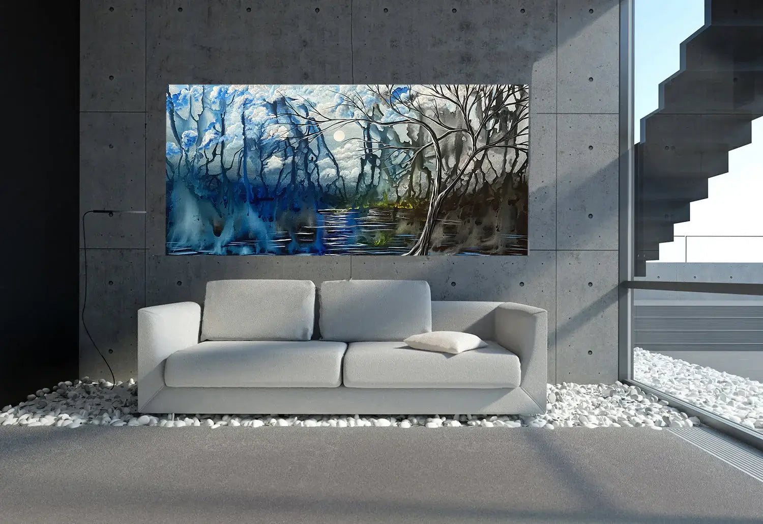 Abstract Landscape Painting displayed in a modern living room with a gray sofa and concrete walls.