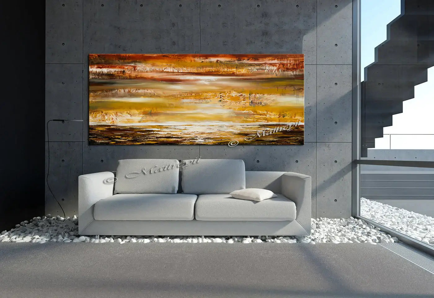 Large Ocean Art Oil Painting displayed above a modern sofa in a stylish living room, featuring calming colors and textures.