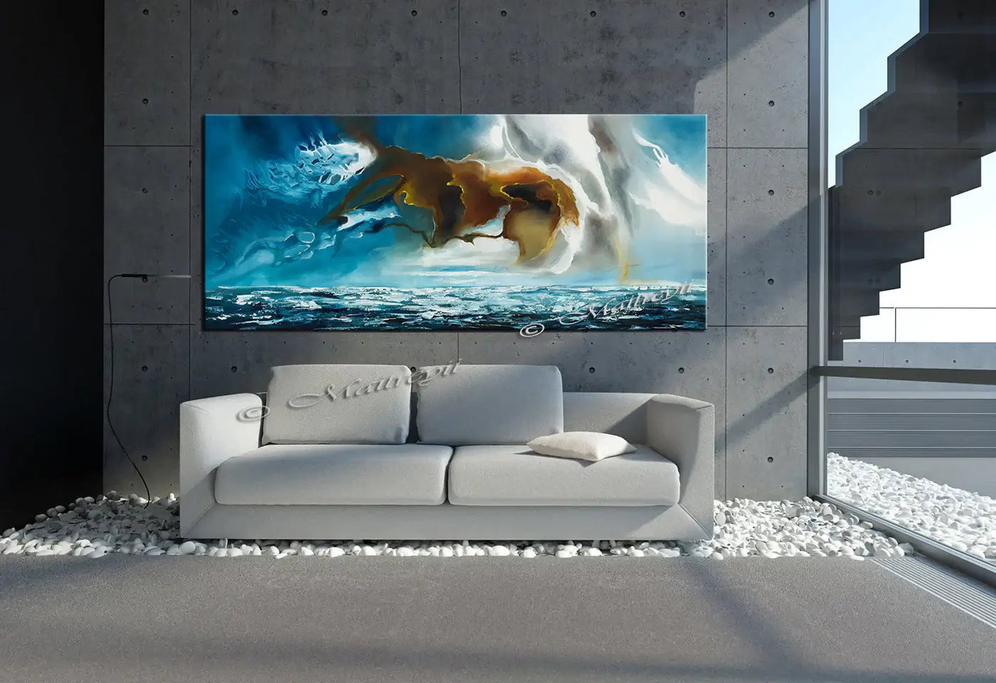 Ocean Wall Art | Handmade Abstract Ocean Painting on Canvas in modern living room setting.