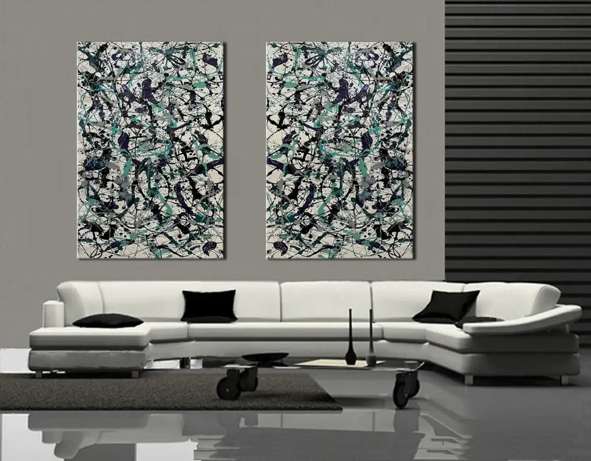 Painting Jackson Pollock Style showcased in a modern living room with two large abstract artworks.