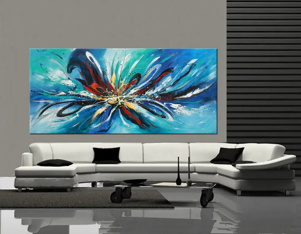 Modern Abstract Painting in vibrant colors showcased above a sleek contemporary sofa in a modern living room.