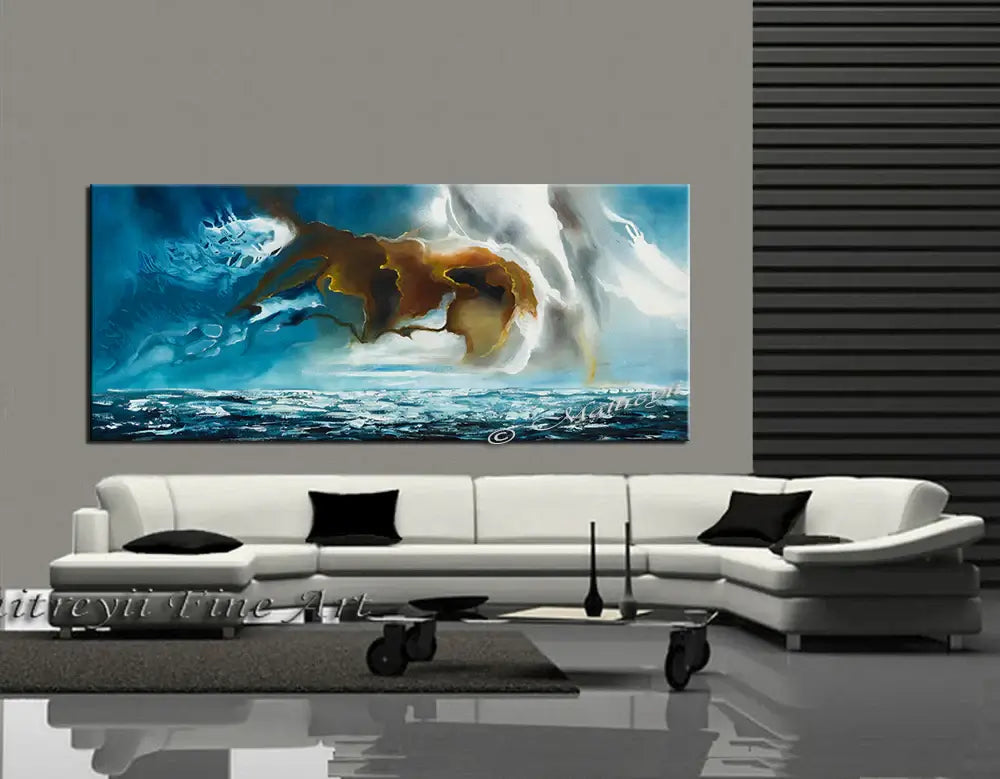 Ocean Wall Art | Handmade abstract ocean painting on canvas beautifully enhancing a modern living room.
