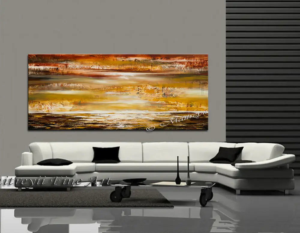 Large Ocean Art Oil Painting showcased in a modern living room, featuring warm hues and abstract design by Maitreyii.