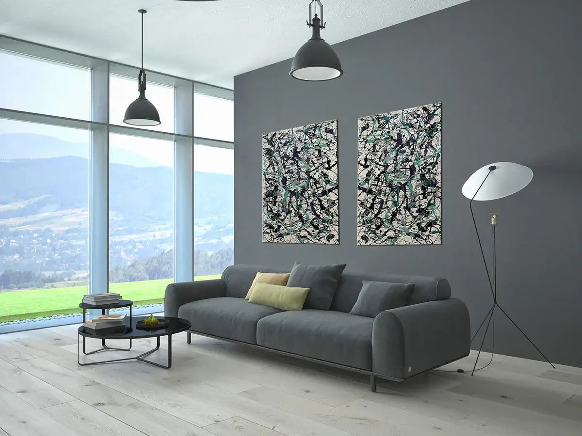 Painting Jackson Pollock Style displayed in a modern living room with large windows and minimalist decor.