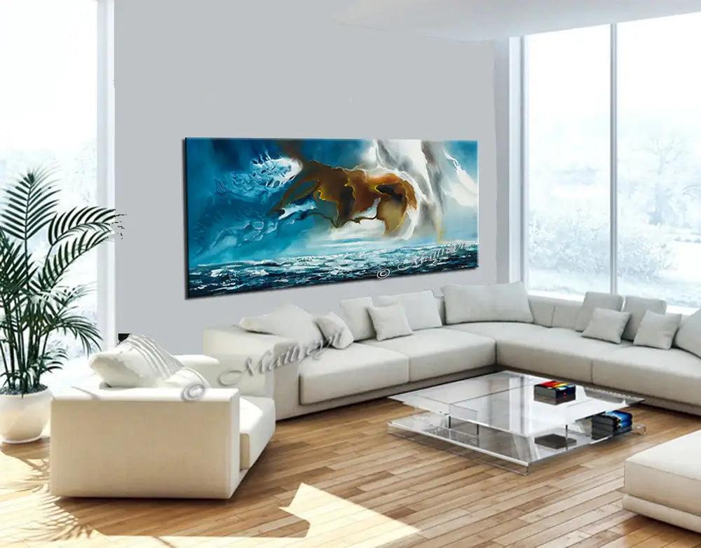Ocean Wall Art | Handmade abstract painting of ocean waves in a modern living room.