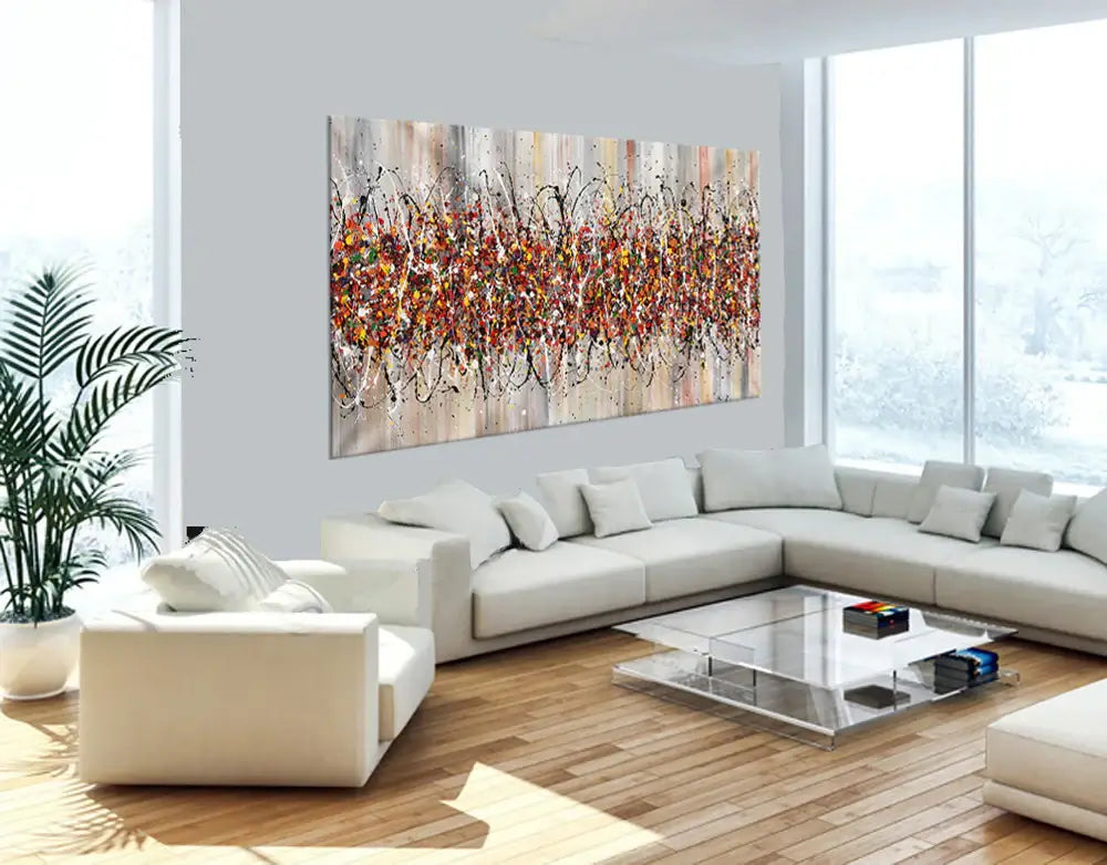 Jackson Pollock Style Painting – Drip Canvas Art showcasing vibrant colors and abstract patterns in a modern living space.