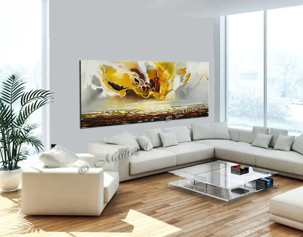Large ocean art oil painting displayed in a modern living room, featuring abstract waves and earthy tones.