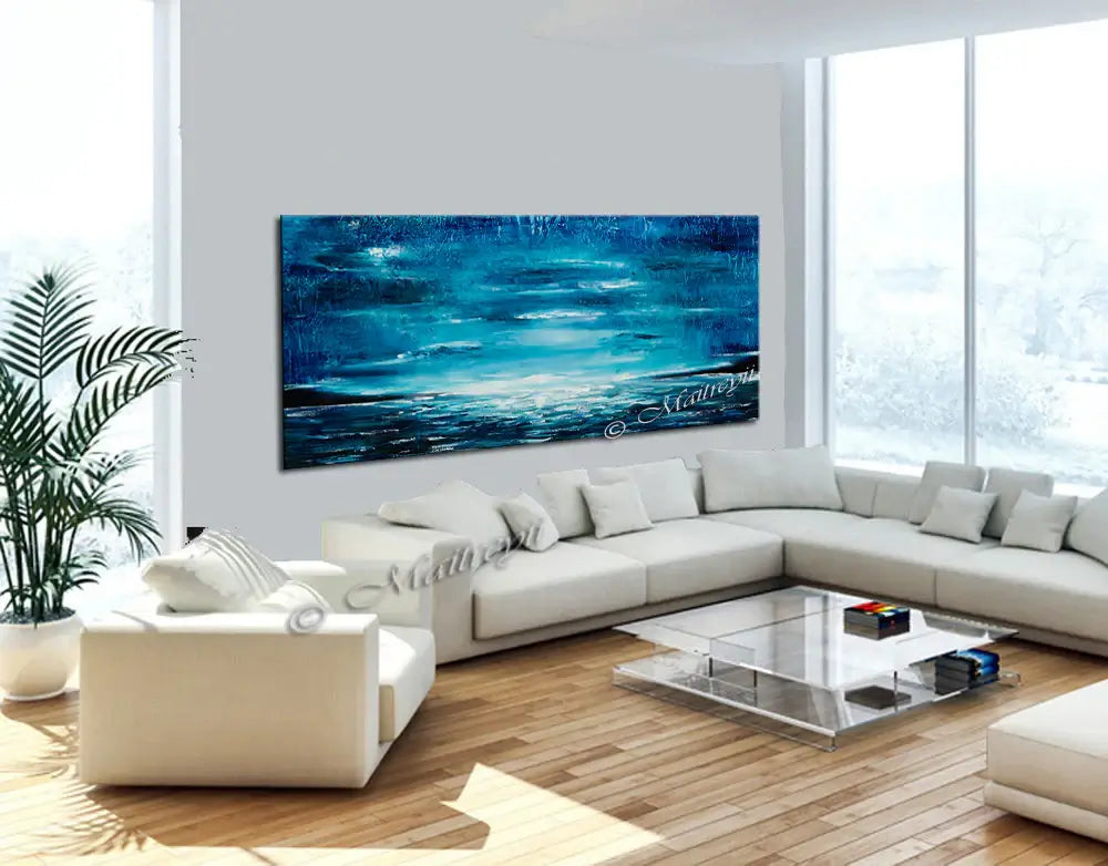 Large Ocean Art Oil Painting displayed in a modern living room, featuring calming blues and oceanic tones.