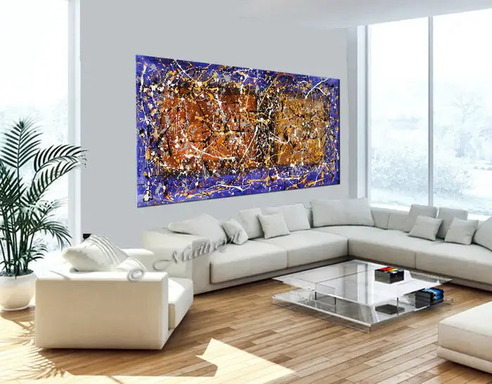 Wall Art Jackson Pollock inspired drip painting in modern living room decor, vibrant abstract canvas art.