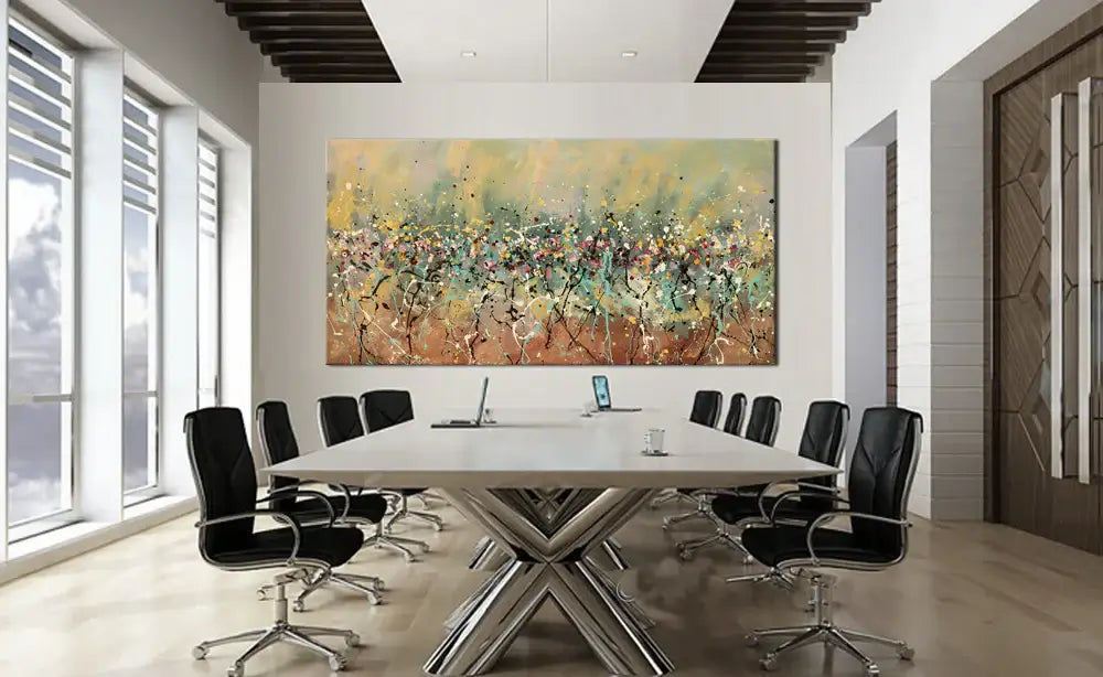 Action Painting in modern conference room, showcasing vibrant abstract expressionist canvas art.