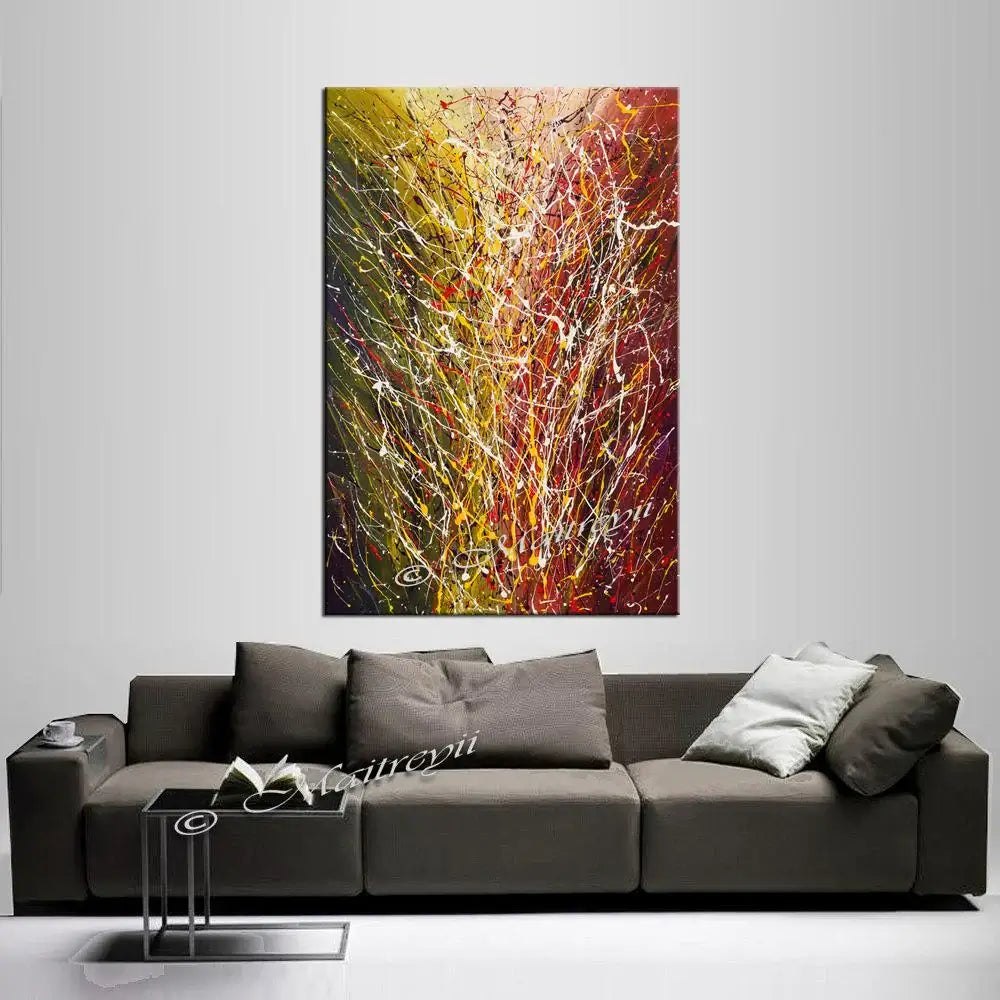 Abstract Modern Art Painting displayed in a contemporary living room setting, showcasing vibrant colors and dynamic textures.