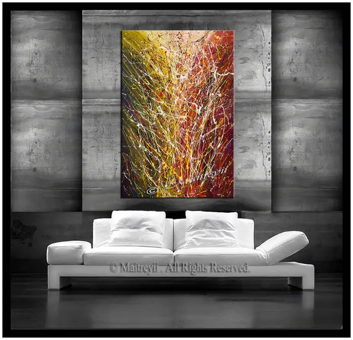 Abstract Modern Art Painting displayed in a modern living room with textured walls and white sofa.