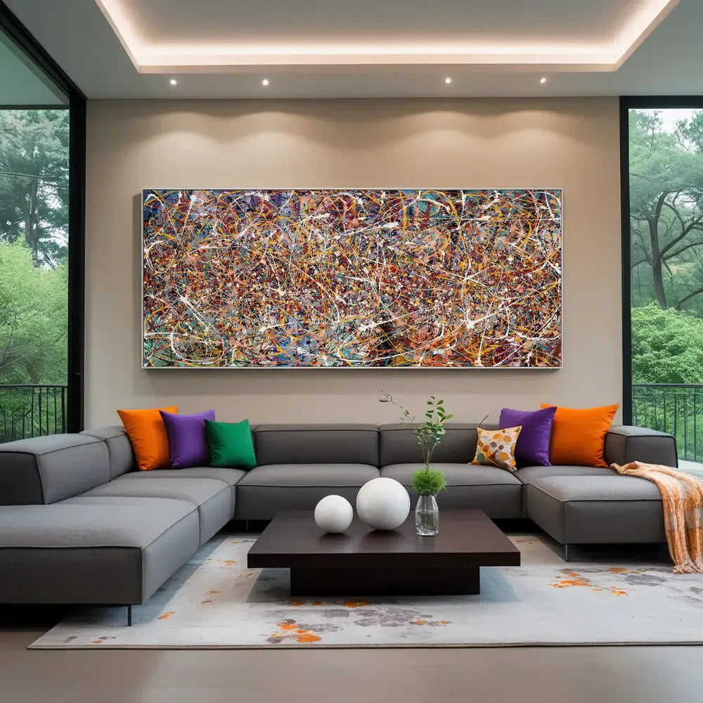 Minimalist Abstract Art painting showcasing vibrant colors, modern design in a sleek living room setting.