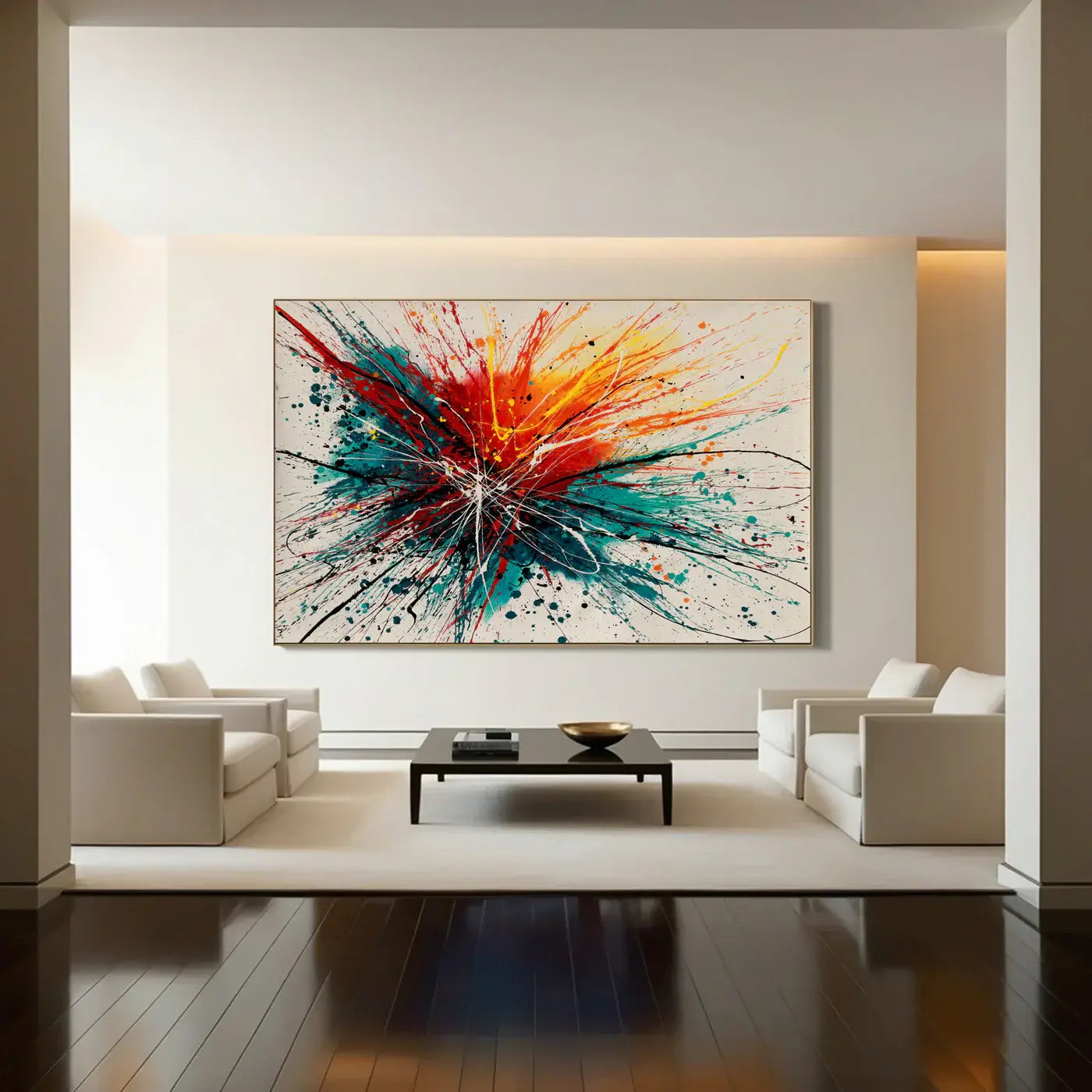 Dynamic Composition | Drip Painting Abstract Art showcasing bold colors in a modern living room setting.