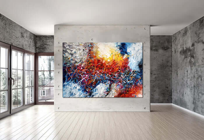 Abstract Paintings on canvas showcasing vibrant colors and textures in a modern interior decor.