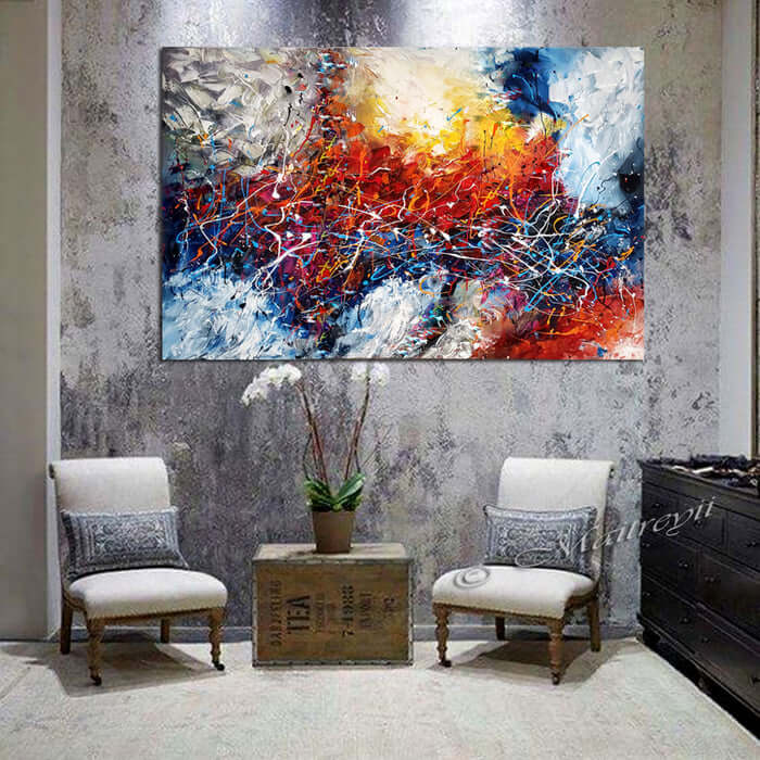 Abstract Paintings on canvas showcasing vibrant colors and dynamic textures, enhancing modern home decor.