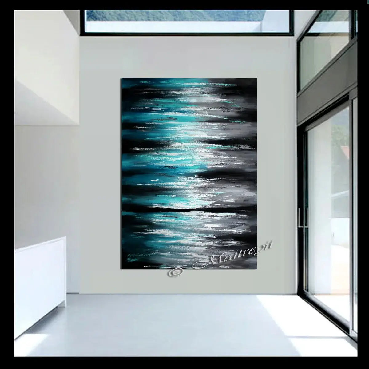 Ocean Modern Wall Art Seascape Painting featuring soothing teal and blue tones in a contemporary interior setting.