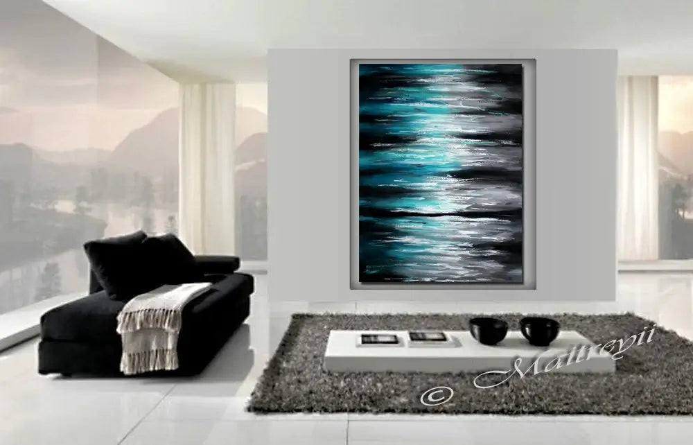 Ocean Modern Wall Art Seascape Painting in a contemporary living room with teal and blue hues.