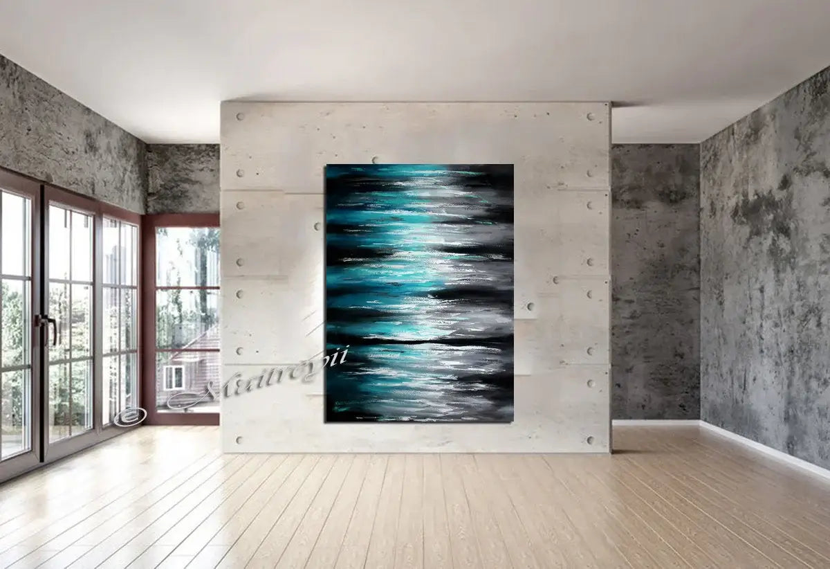 Ocean Modern Wall Art Seascape Painting displayed in a modern living space with teal and blue hues.