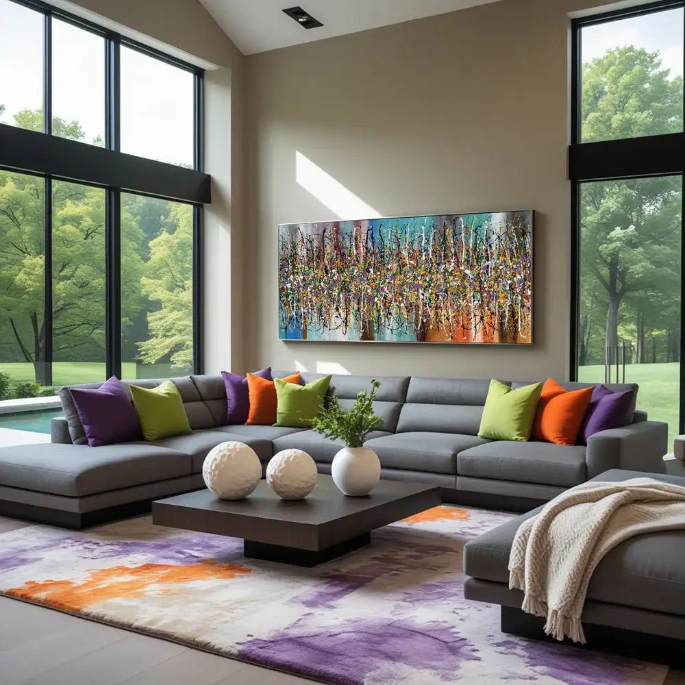 Contemporary Abstract Drip Painting displayed in modern living room with large windows and colorful decor.