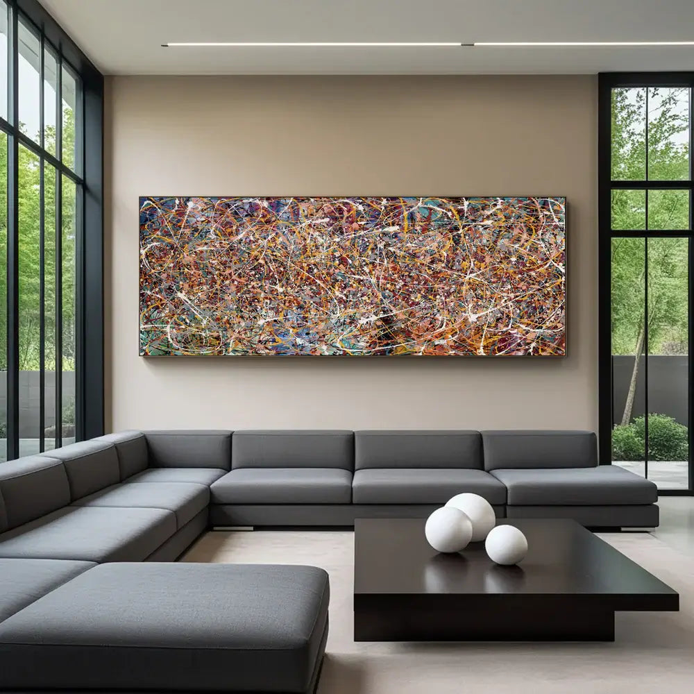 Minimalist Abstract Art in a modern living room featuring clean lines and vibrant colors.