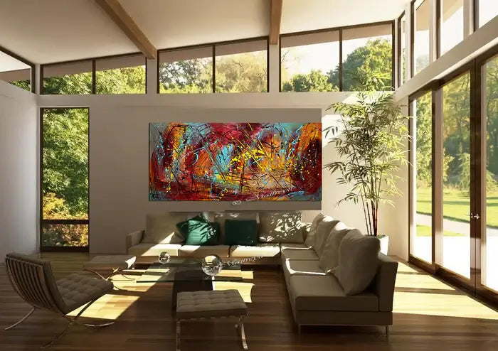 Modern Abstract Wall Art showcased in a bright living room, emphasizing elegance and creativity with vibrant colors.