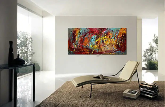 Modern Abstract Wall Art displayed in a stylish living room with a sleek chair and contemporary decor.