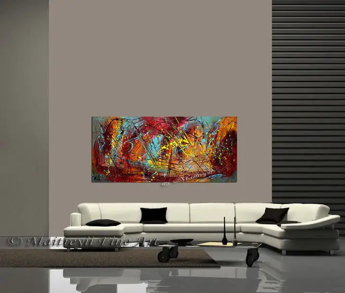 Modern Abstract Wall Art hanging above a stylish sofa in a contemporary living room setting.