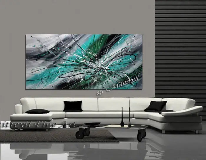 Painting Jackson Pollock Multiple Size abstract art in turquoise displayed above a modern white sofa.