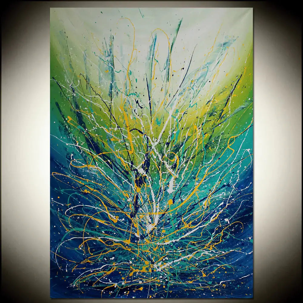 Painting Jackson Pollock Multiple Size - Handmade drip art in turquoise with vibrant colors and textured layers.