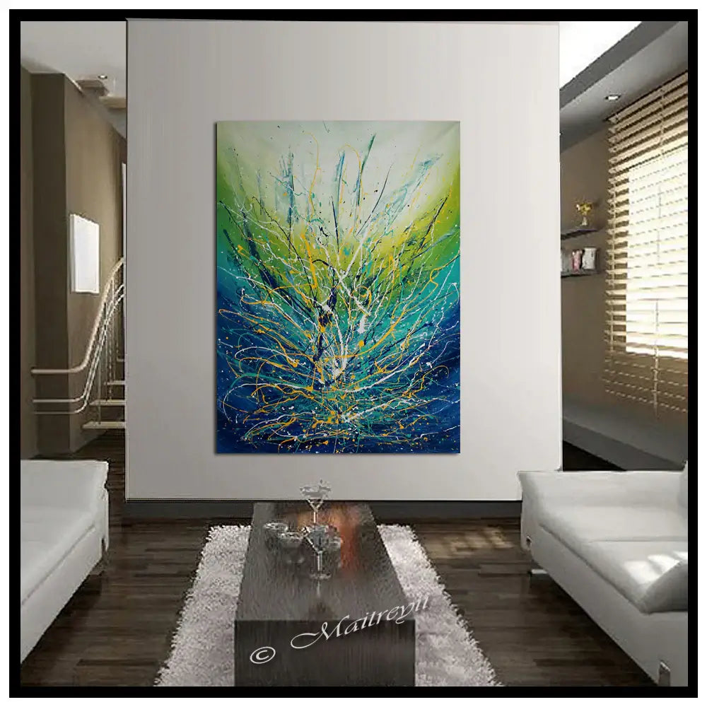 Painting Jackson Pollock Multiple Size showcasing vibrant drip art in a modern living room.