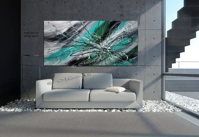 Painting Jackson Pollock Multiple Size abstract art in turquoise displayed in a modern living room setting