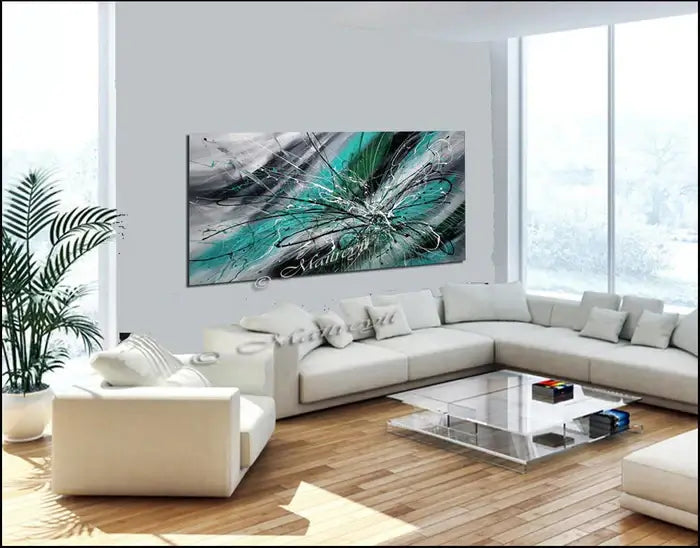 Painting Jackson Pollock Multiple Size artwork displayed in a modern living room with turquoise and gray tones.