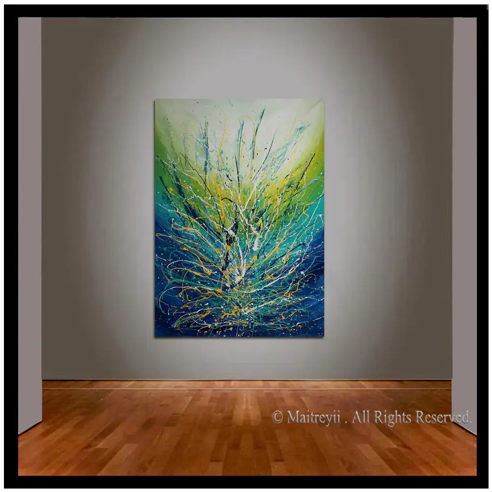 Painting Jackson Pollock Multiple Size in vibrant turquoise colors hanging on a wall, showcasing drip art technique.