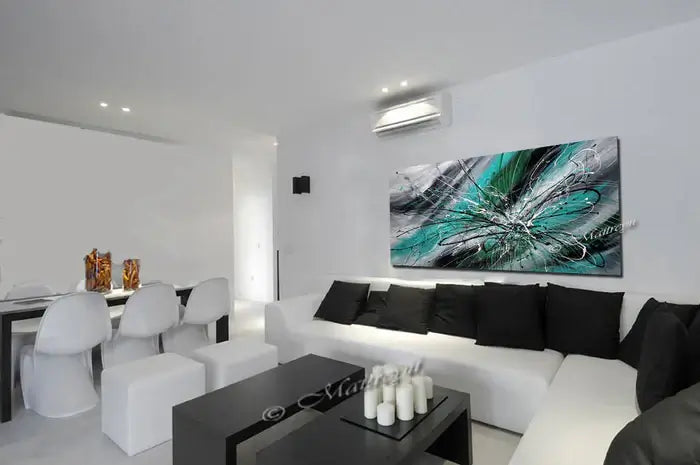 Modern living room featuring the Painting Jackson Pollock Multiple Size in turquoise and black tones.