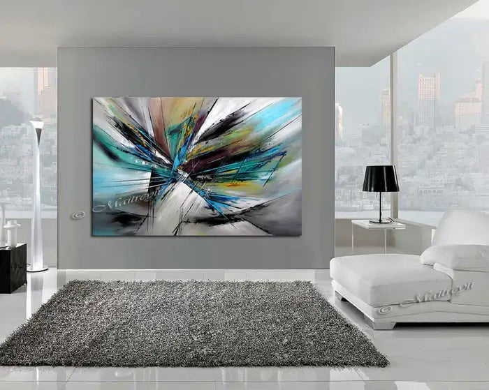 Large Modern Art wall painting on canvas, showcasing dynamic movement and vibrant colors in a modern living room setting.